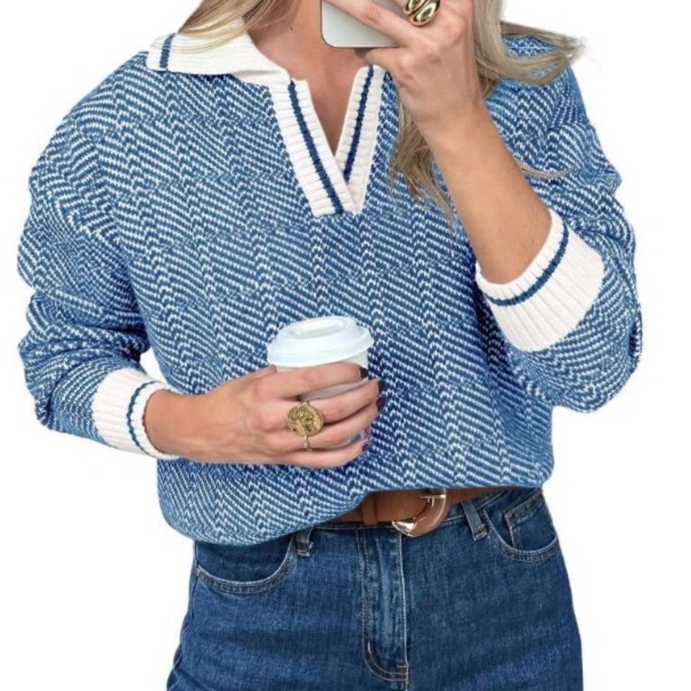Amazon V Neck Knit Sweater Color Block Long Sleeve Casual Soft Pullover Shirt